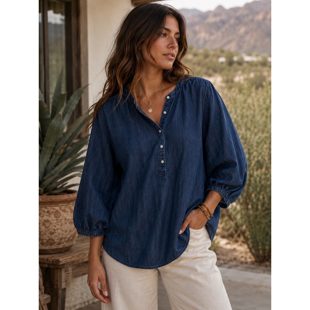 Habitual Balloon Sleeve Denim Popover Blouse Womens Medium Blue Denim